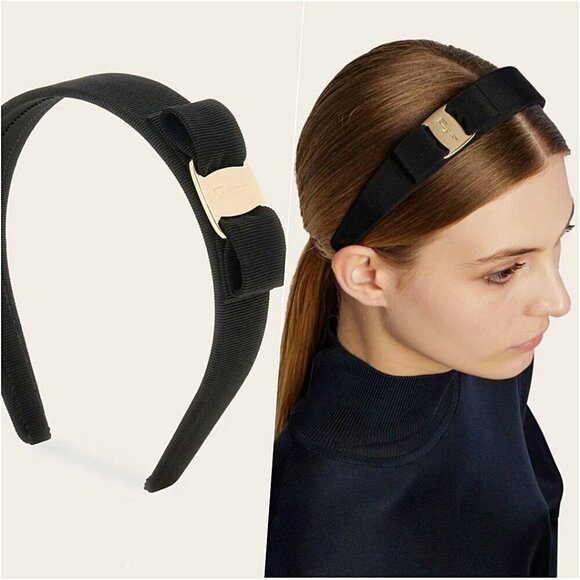 RARE Ferragamo Black Gold Vara Bow Wide Timeless Chic Classic Headband - Picture 1 of 8